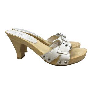 Apostrophe Women’s White Leather Buckle Strap Mina Wooden Heeled Sandals Sz 7M